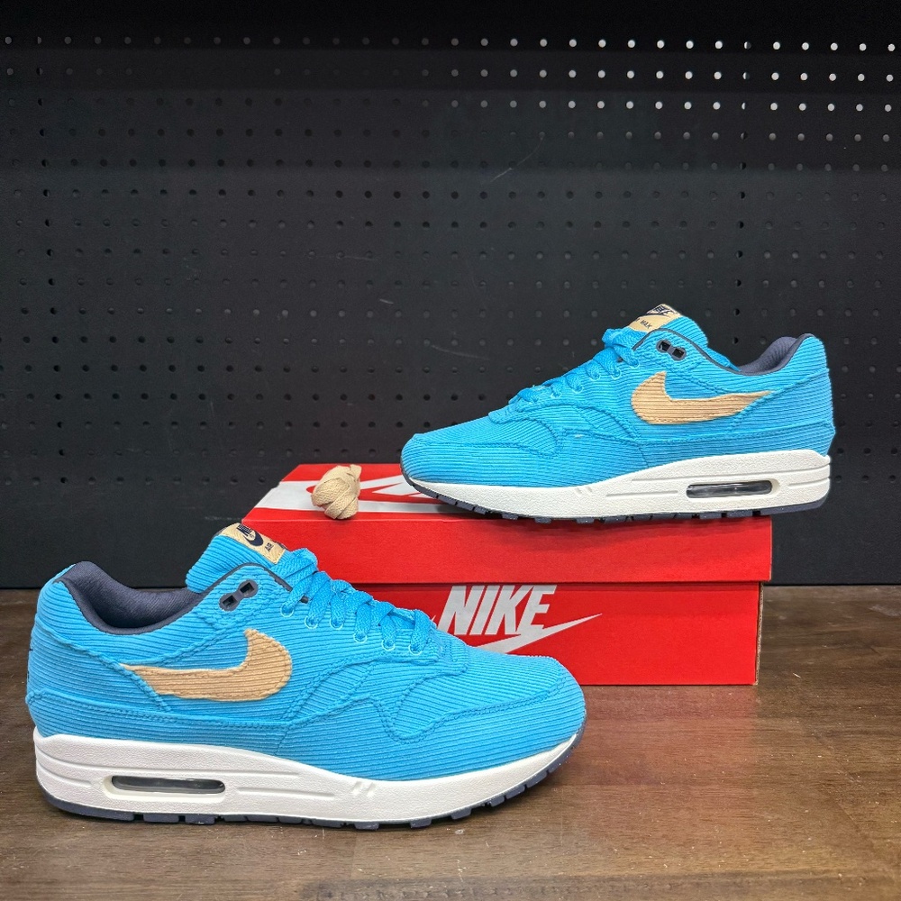 New W/ Box! Men's Nike Air Max 1 PRM Corduroy Baltic Blue Tan Sneakers Size 9.5